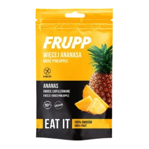 Liofilizuoti ananasai. Produkte yra 100% ananasų, be pridėtinio saldiklių ar kitų dirbtinių igredientų