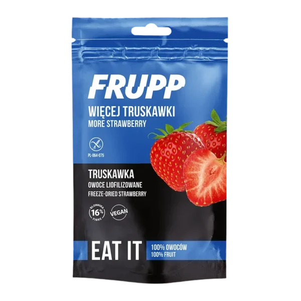 100 procentų natūralios liofilizuotos braškės, be pridėtinio cukraus, natūraliai saldžios