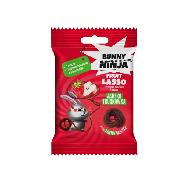 Obuolių ir braskių virvelė, pagaminta iš 100 proc. vaisių, be pridėtinio cukraus ir dažiklių | Bunny ninja