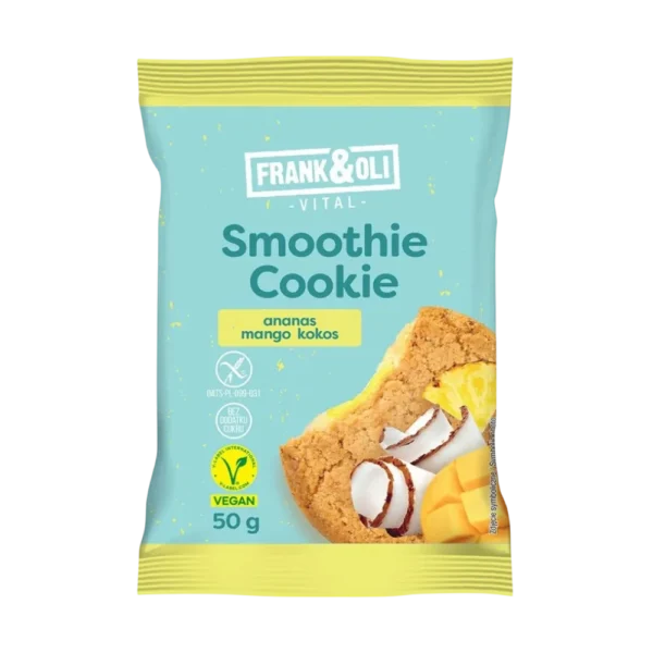 Avižinių dribsnių sausainis su kokosų, ananasų ir mangų įdaru. Be pridėtinio cukraus, pagamintas tik iš natūralių ingredientų | Frank & Oli