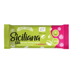 Batonėlis su pistacijomis ir avietėmis, be pridėtinio cukraus, tinkamas veganams