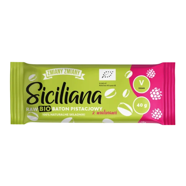 Batonėlis su pistacijomis ir avietėmis, be pridėtinio cukraus, tinkamas veganams