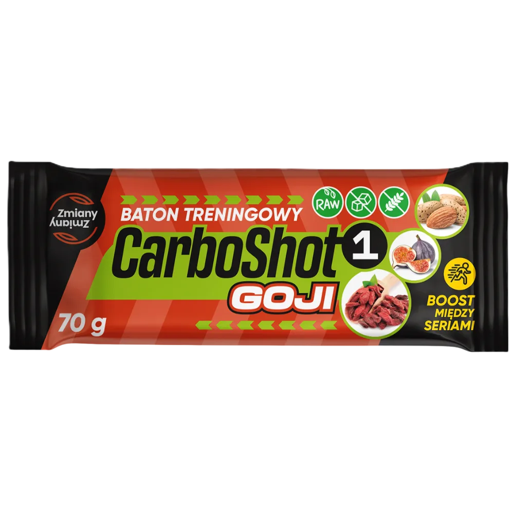 Energetinis batonėlis su goji uogomis. Pagamintas iš netūralių ingredientų, be pridėtinio cukraus, saldiklių, konservantų ir kitų dirbtinių priedų
