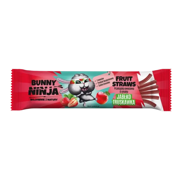Obuolių ir braškių vaisių šiaudeliai bunny ninja be pridėtinio cukraus, pagamintis tik iš natūralių ingredientų