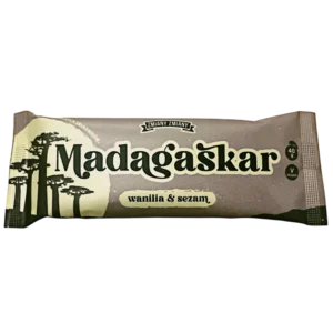Batonėlis su vanile iš Madagaskaro ir sezamais. Puikus užkandis kelionėje ar darbo metu, kuris suteikia energijos. Pagamitas tik iš natūralių ingredientų ir be pridėtinio cukraus