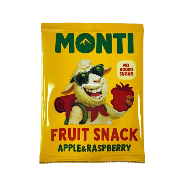 Obuolių ir aviečių užkandis iš vaisių. pagamintas be pridėtino cukraus ir dirbtinių priedų.