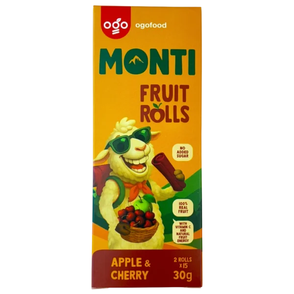 Obuolių ir vyšnių juostelės - Monti. Jos pagamintos iš trijų natūralių ingredientų