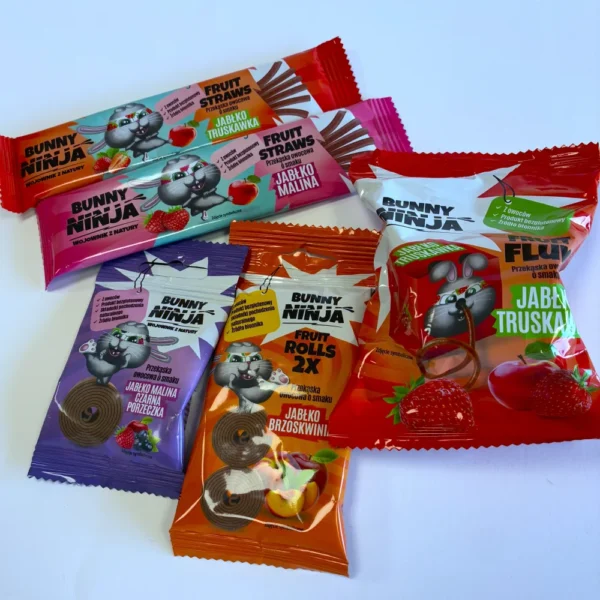 Velykinį rinkinį sudaro 5 skirtingi bunny ninja produktai, pagaminti be pridetinio cukraus