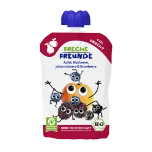 Obuolių, mėlynių, serbentų ir gervuogių tyrelė, nuo 12 mėn., pagaminta be pridetinio cukraus, saldikliu ir konservantu