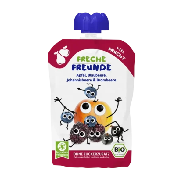 Obuolių, mėlynių, serbentų ir gervuogių tyrelė, nuo 12 mėn., pagaminta be pridetinio cukraus, saldikliu ir konservantu