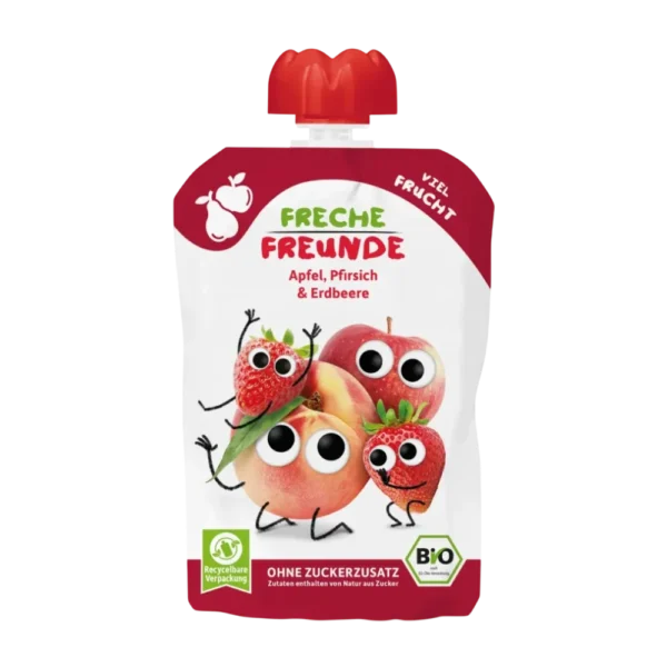 Obuoliu, braskiu ir persiku tyrele kudikiams. pagaminta be pridetinio cukraus ir konservantu. Tik is 100 procentu naturaliu vaisiu