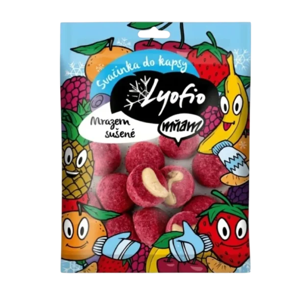 Anakardziai-su-liofilizuotomis-avietemis Anakardžiai su liofilizuotomis avietėmis, pagaminta iš dviejų ingredientų