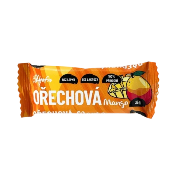 Batonėlis su mangais, pagamintas iš natūralių ingredientų ir be pridėtinio cukraus