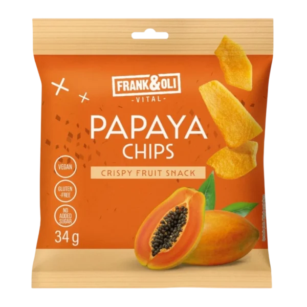 Papaju-traskuciai-Frank&Oli Natūraliai saldūs papajų traškučiai, pagaminti be pridėtinio cukraus, saldiklių, konservantų ir skonio stipriklių